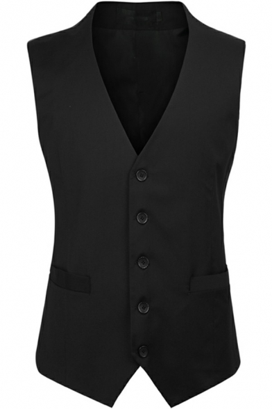 Basic Suit Vest Solid Color Sleeveless V Neck Double Breasted Slim Fit Vest for Men