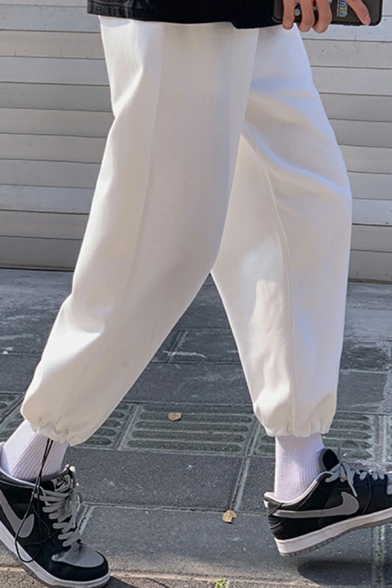 Boyish Sweatpants Pure Color Elastic Waist Doll Pocket Ankle Length Regular Sport Pants for Guys