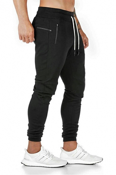Casual Drawstring Sweatpants Pure Color Mid Rise Full Length Skinny Fit Sweatpants for Men