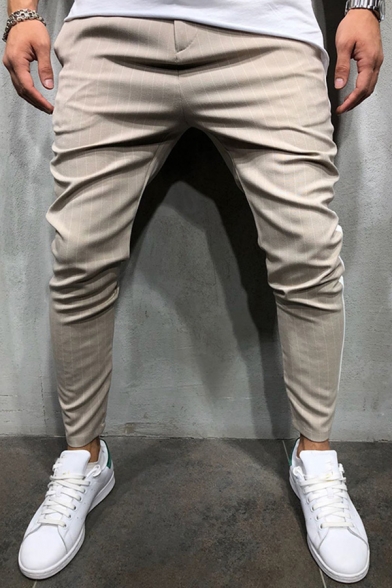 Classic Mens Pants Patchwork Stripe Printed Pocket Detail Zip Up Slim Pants