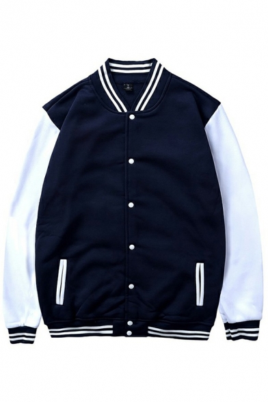 Cool Boys Jacket Patchwork Stripe Pattern Long-Sleeved Button Closure Fitted Baseball Jacket