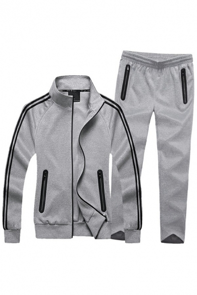 Cool Mens Co-ords Stripe Print Zip-up Pockets Long Sleeves Zipper Sweatshirt & Regular Fit Pants Co-ords