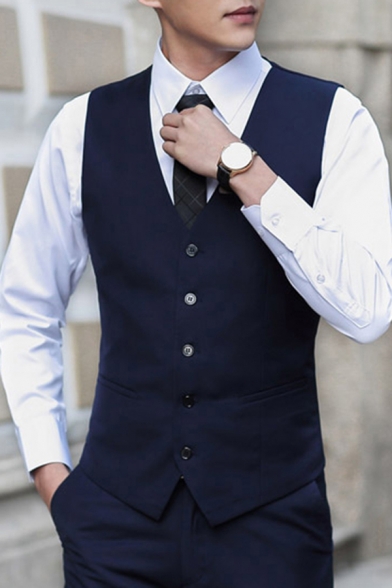 Edgy Suit Vest Solid Color Single Breasted V-Neck Buckle Back Slim Suit Vest for Men