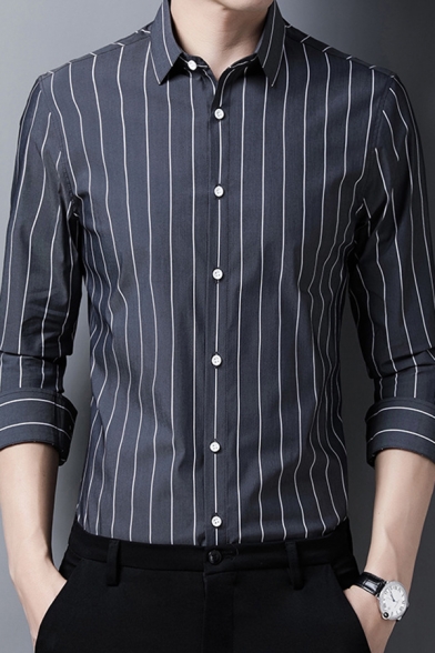 Elegant Shirt Striped Print Long-Sleeved Point Collar Button Relaxed Fit Shirt Top for Men