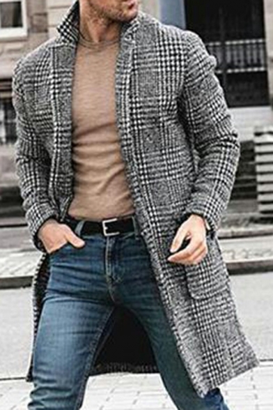Fancy Men's Wool Coat Plaid Pocket Decorated Lapel Collar Long Sleeves Fitted Coat