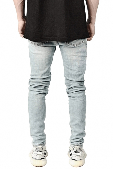 Fashionable Men's Jeans Distressed Ripped Patch Zip Closure Mid-Rise Skinny Full Length Jeans