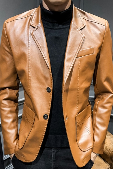 Fashionable Mens Jacket Notched Collar Pocket Detail Long-Sleeved Button-up Slim PU Jacket