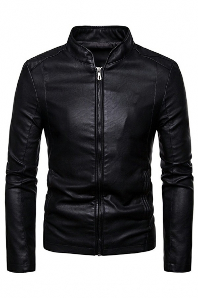 Guys Urban PU Jacket Plain Stand Collar Pocket Detail Long Sleeve Slim PU Jacket
