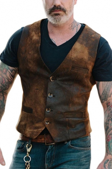 Leisure Men's Suit Vest Single Breasted Chest Pocket Buckle Back Design V-Neck Slim Suit Vest