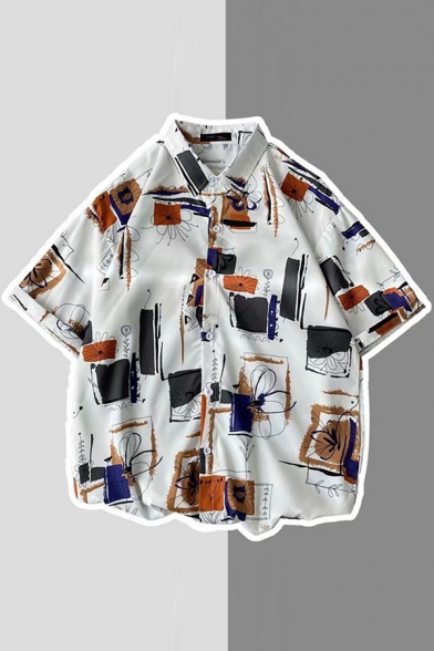Leisure Mens Shirt Cartoon All over Printed Half Sleeve Turn Down Collar Button Up Relaxed Shirt