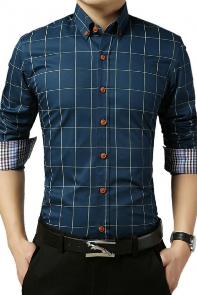 Men Dress Shirt Plaid Button-down Collar Button Closure Long Sleeves Slim Fit Shirt