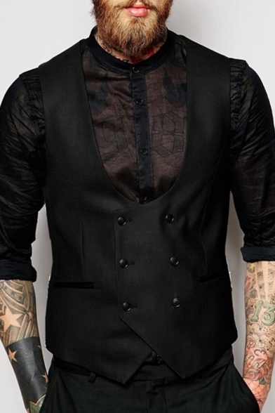 Men Fancy Suit Vest Solid Color Double Breasted Front Pocket Slim Fit Suit Vest