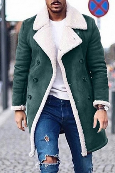 Men Fashionable Jacket Double Breasted Sherpa Liner Notched Collar Long Sleeve Mid-Length Leather Jacket