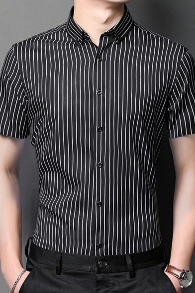 Men Formal Shirt Striped Print Button-down Collar Button up Short Sleeves Slim Fit Shirt