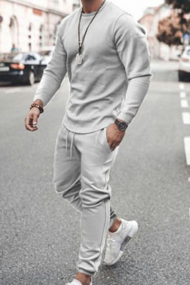 Men Leisure Two Piece Set Solid Color Crew Neck Long Sleeve Sweatshirt Drawstring Fitted Jogger Two Piece Set