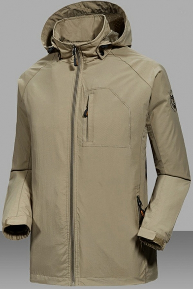Men Modern Jacket Plain Waterproof Zip Closure Long-Sleeved Zipper Pockets Relaxed Fit Hooded Jacket