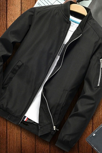 Men Popular Bomber Jacket Plain Zip Fly Stand Collar Pocket Detail Regular Fitted Bomber Jacket