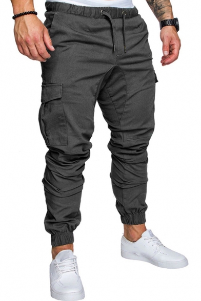 Men Popular Cargo Pants Pure Color Elastic Waist Mid-Rise Flap Pocket Fitted Pants