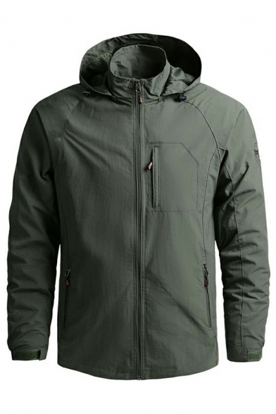 Men Popular Jacket Plain Chest Pocket Zipper Closure Long Sleeve Fitted Hooded Jacket
