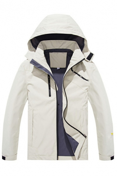 Men Popular Jacket Solid Color Zip Closure Long Sleeve Waterproof Zip Pockets Hooded Jacket