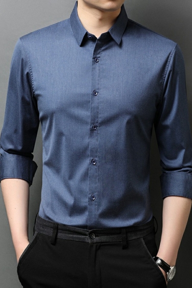 Men Urban Shirt Solid Color Turn-down Collar Button up Long-Sleeved Slim Fit Shirt