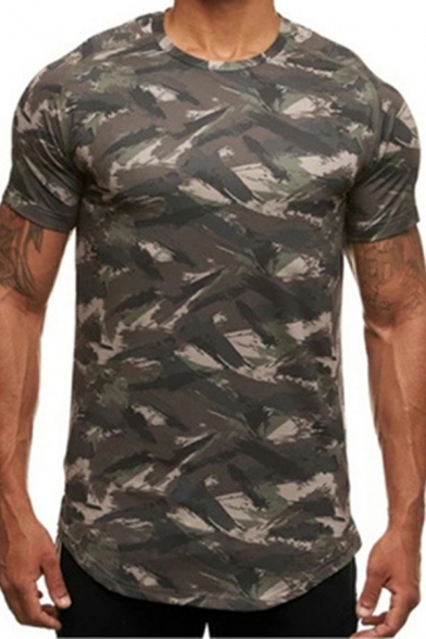Modern Active Set Camouflage Pattern Short Sleeve Round Neck T-Shirts with Shorts Slim Two Piece Set for Men
