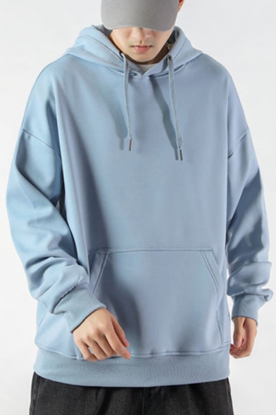 Modern Hoodie Solid Color Drawstring Long Sleeve Relaxed Fit Hoodie for Men