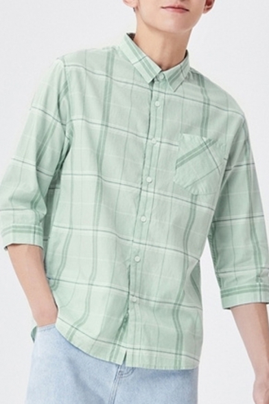 Modern Shirt Checked Patterned Button up Turn-down Collar Front Pocket 3/4 Sleeves Regular Shirt for Men
