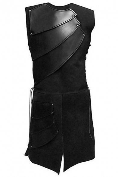 Retro Medium Length Vest Solid Color Round Neck Patchwork Slim Vest for Men