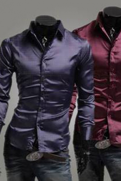 Shirt Men's Shirt Solid Color Long Sleeves Point Collar Button-down Slim Fit Shirt Top
