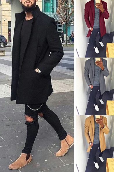 Simple Coat Plain Front Pockets Lapel Collar Long-Sleeved Open Front Fitted Coat for Guys