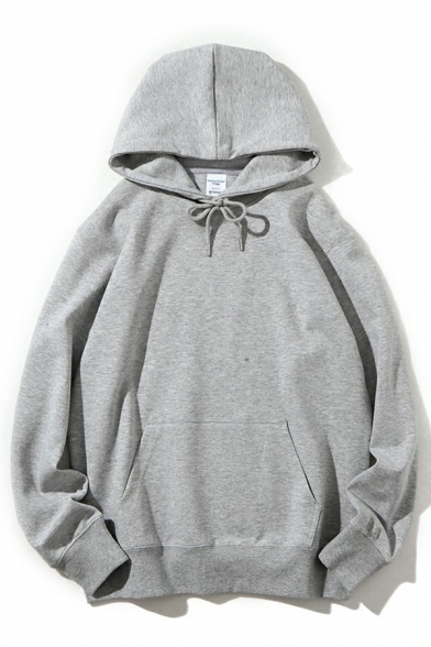 Simple Hoodie Plain Kangaroo Pocket Long-sleeved Drawstring Loose Hooded Sweatshirt for Men