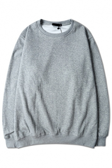 Simple Pullover Sweatshirt Solid Color Long-sleeved Crew Neck Loose Fit Sweatshirt for Men