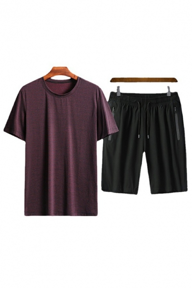 Simple Set Pure Color Short Sleeve Crew Neck T-Shirts Drawstring Waist Shorts Loose Two Piece Set