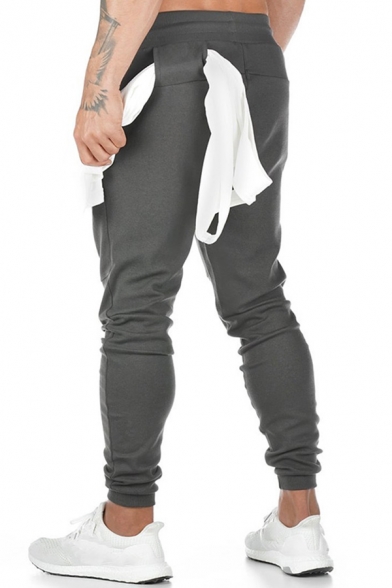 Simple Sport Trousers Pure Color Elastic Waist Ankle Length Tapered Slim Trousers for Men