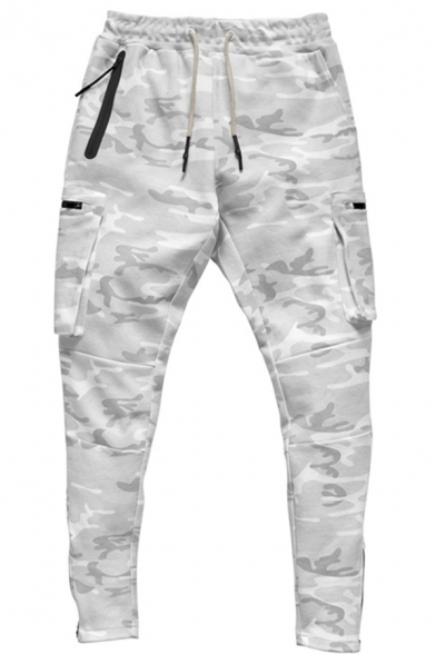 Sporty Pants Solid Color Drawstrings Side Pockets Zipper Detail Slim Pants for Men