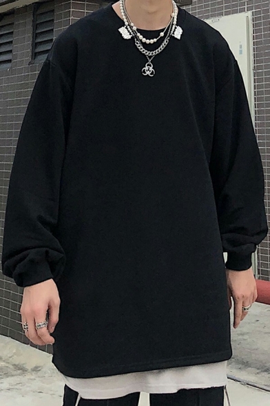 Street Style Black Sweatshirt Plain Crew Neck Long Sleeve Loose Pullover Sweatshirt Top for Men