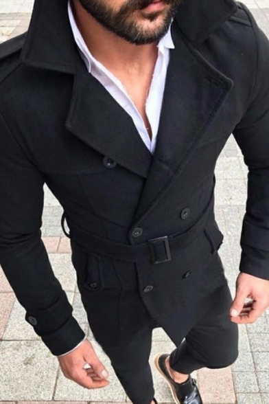 Street Style Mens Coat Plain Long Sleeve Notched Collar Double Breasted Slim Fitted Trench Coat