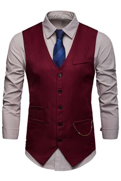 Stylish Men's Vest Solid Color Chain Decoration Button Up V-neck Slim Fitted Vest