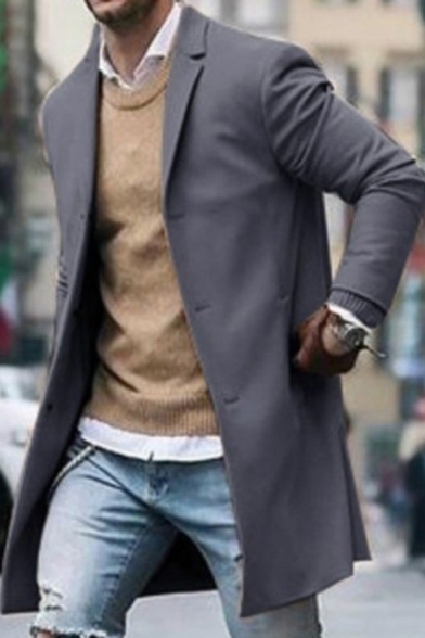 Stylish Trench Coat Plain Long Sleeves Lapel Single-Breasted Mid-Length Fitted Trench Coat for Men