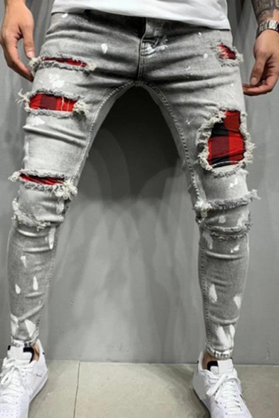 Trendy Jeans Patchwork Bleach Pocket Decorated Ripped Detail Skinny Jeans for Men