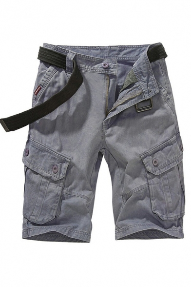 Trendy Men's Shorts Plain Flap Pockets Knee Length Zipper Fly Straight Cargo Shorts
