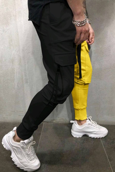 Unique Pants Contrast Color Flap Pockets Drawstring Slim Cargo Pants for Men