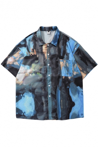 Unique Shirt Painting Print Button Closure Turn-down Collar Pocket Detail Short Sleeves Loose Shirt for Men
