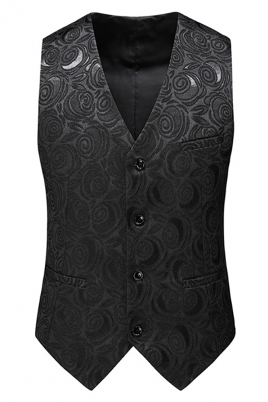 Unique Suit Vest Floral Pocket Detail V-Neck Single Breasted Skinny Fitted Suit Vest for Men