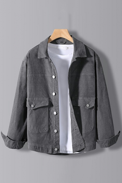 Basic Mens Jacket Pure Color Flap Pockets Spread Collar Long Sleeve Relaxed Button-up Denim Jacket