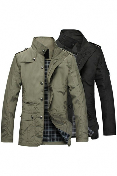 Basic Mens Jacket Solid Color Plaid-Lined Stand Collar Single Breasted Zipper Fly Long Sleeve Slim Jacket