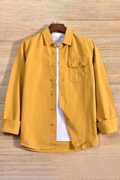 Basic Mens Shirt Solid Color Flap Pocket Button Closure Long-Sleeved Lapel Loose Shirt