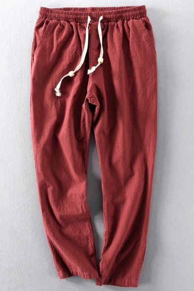 Basic Pants Plain Color Drawstring Rise Ankle Length Straight Pants for Men