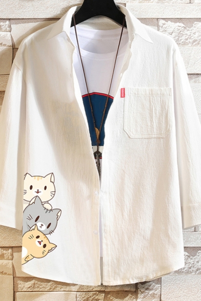Boyish Shirt Cat Print Button up 3/4 Sleeve Turn-down Collar Loose Shirt for Men